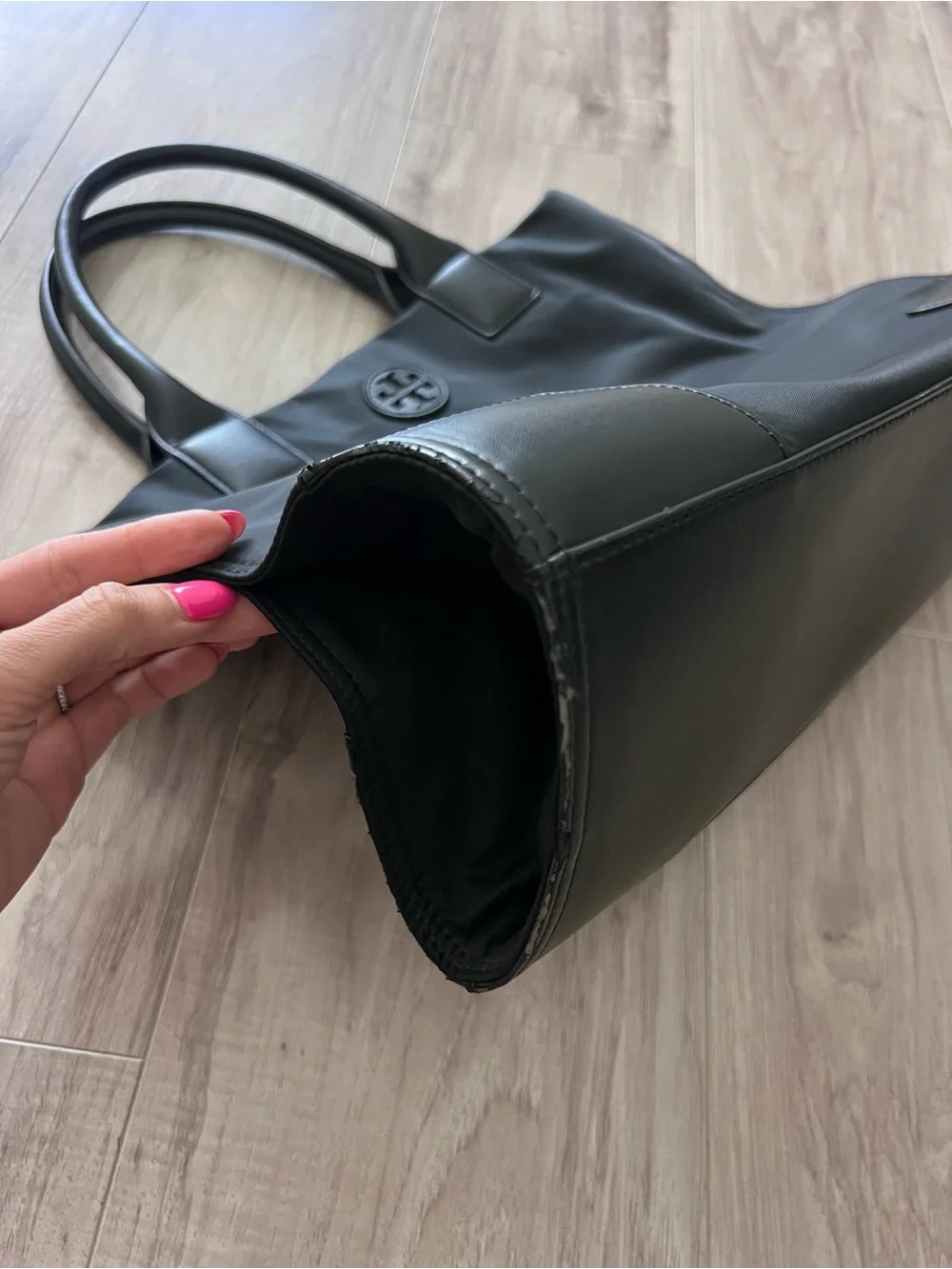 Tory Burch Black Nylon Ella Tote Bag Double T Logo Leather Trim Large Shopper